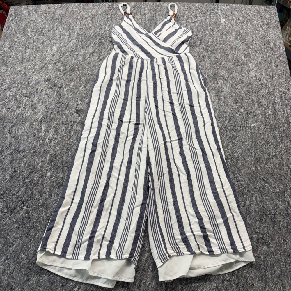 American Eagle Striped Wide Leg Jumpsuit Blue White Tortoise Ring Small